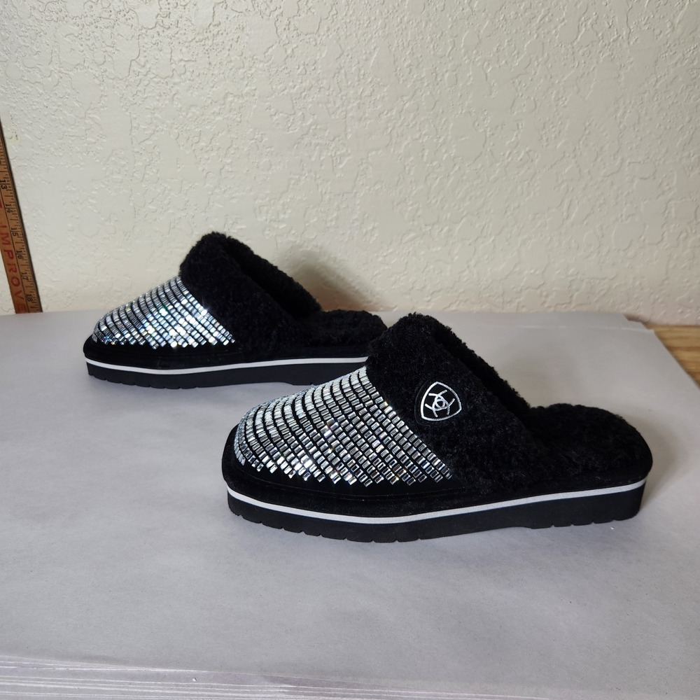 Ariat Womens Black Rhinestone Platform Slippers Faux Fur Lined Mules Size 7